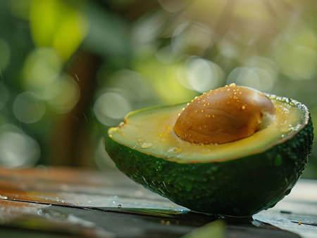 An avocado fruit cut in half with water droplets on itの素材