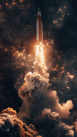 A rocket launching with flames and smokeの素材