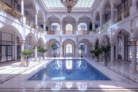 A large indoor pool with arches and columns with palm treesの素材
