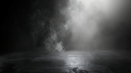 A smoke and light in a dark room or stage background for product placementの素材