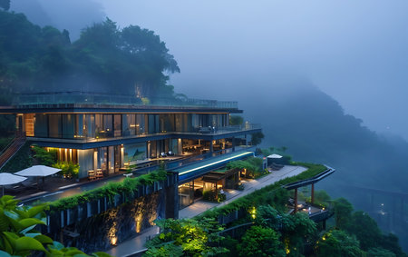 A Beautiful hotel with a view of the mountains and a lake. Stunning viewsの素材