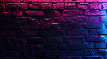 A brick wall with pink and blue lightsの素材