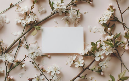 A blank white card product advertising on a soft colored background surrounded by flowersの素材