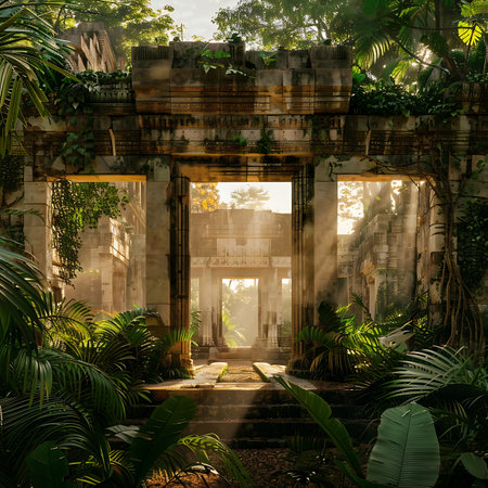 A ruins of an old building with trees in jungle string at golden hourの素材