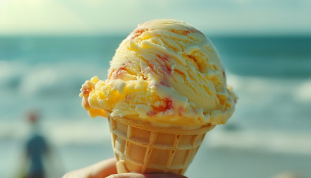 A ice cream cone with a beach in the backgroundの素材