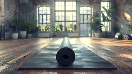 A rolled yoga mat inside gym studio on a wooden floorの素材