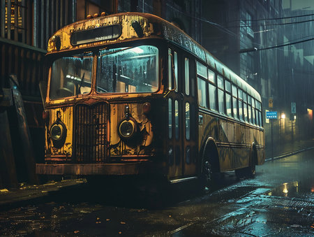 A yellow dirty bus on a wet streetの素材