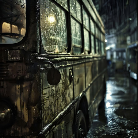 A yellow dirty bus on a wet streetの素材