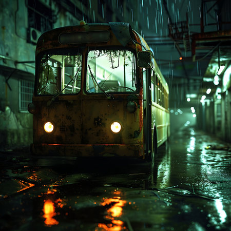 A yellow dirty bus on a wet streetの素材