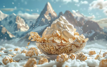 A bowl of oat flakes with whipped cream and snow in front of a mountain surrealの素材