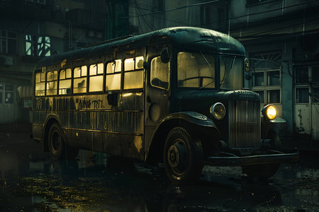 A yellow dirty bus on a wet streetの素材