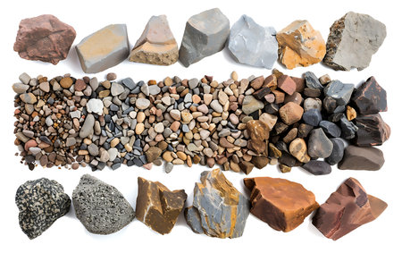 A group of mountain hard rocks and stones isolated white backgroundの素材