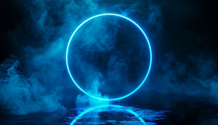 A neon blue circle with smoke on a dark backgroundの素材