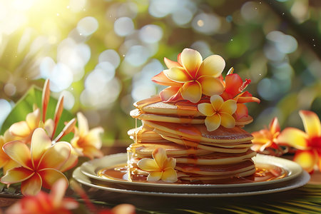 A stack of pancakes with syrup and flowersの素材