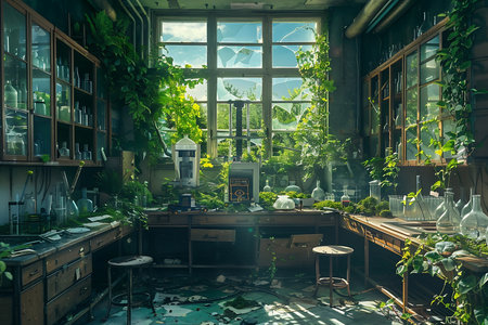 A laboratory room with plants and plants growing on itの素材