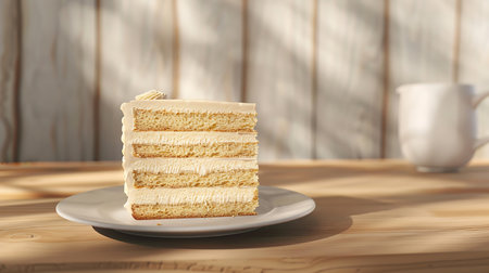 A slice of cake on a plate in the style of multilayered dimensionsの素材