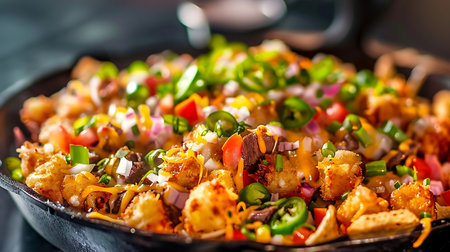 A plate of nachos with meat and vegetablesの素材