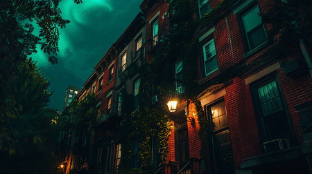 A building with lights on the side of it with a green aurora borealis in the skies aboveの素材