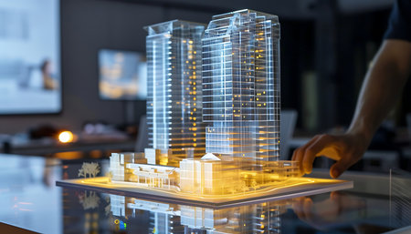 Abstract hologram display projecting city on a tabletの素材