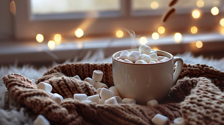 Cup of hot cocoa with marshmallows and knitted scarfの素材