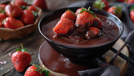 Chocolate fondue with fresh strawberries and chocolate pieces on dark backgroundの素材