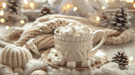 Cup of hot cocoa with marshmallows and knitted scarfの素材