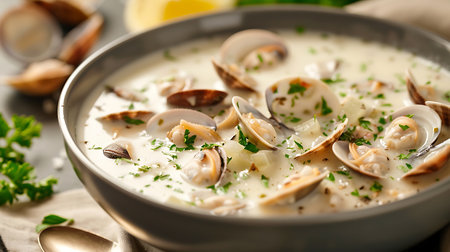 Creamy clam soup with parsley and dill in a bowlの素材