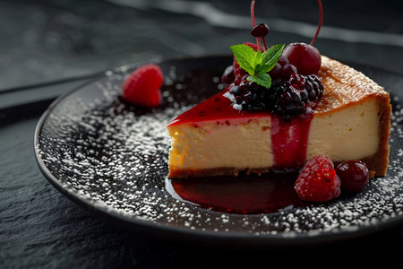 Cheesecake with fresh berries on a black plateの素材