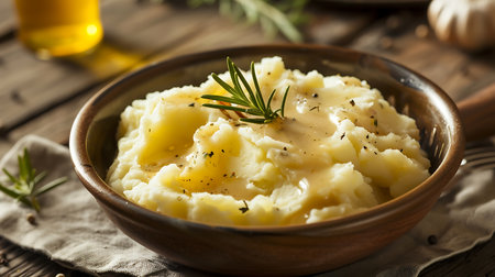 Mashed potatoes with garlic and dill in a rustic bowlの素材