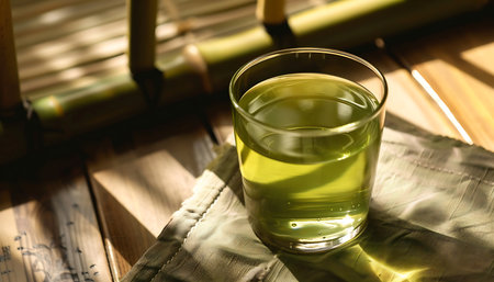 Mint tea in a glass on a green background with leavesの素材