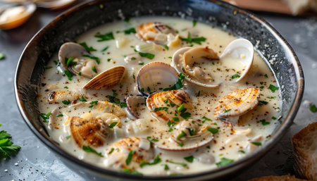 Creamy clam soup in a bowl on a wooden backgroundの素材
