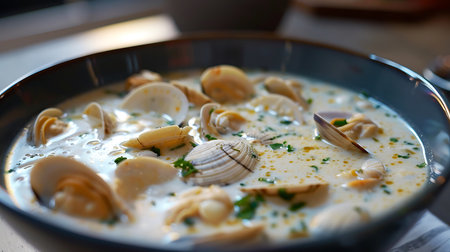 Creamy clam soup with parsley and dill in a bowlの素材