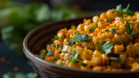 Grilled corn on the cob with herbs and spices on a wooden tableの素材