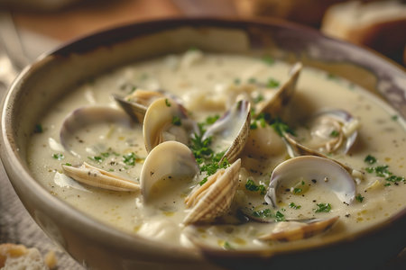 Creamy clam soup with parsley and dill in a bowlの素材