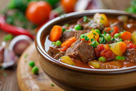Beef stew with carrot and potato in a bowlの素材
