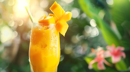 Glass of tasty mango smoothie on table in roomの素材