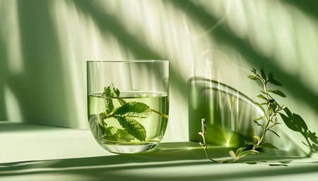Mint tea in a glass on a green background with leavesの素材