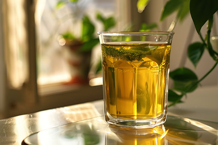 Mint tea in a glass on a green background with leavesの素材