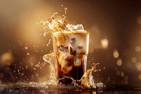 Coffee splashing in glass with ice cubes and coffee beansの素材