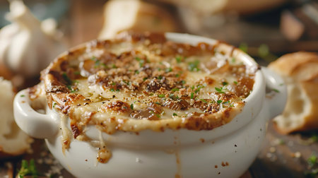 French onion soup with garlic and thyme in a ceramic bowlの素材