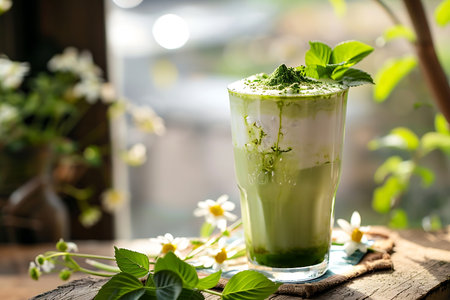 Iced matcha green tea latte with whipped cream in cafeの素材
