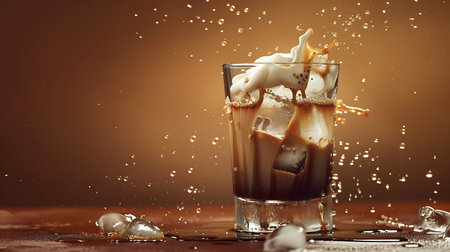 Coffee splashing in glass with ice cubes and coffee beansの素材