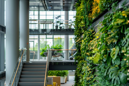 Exterior of modern office building with green plantsの素材