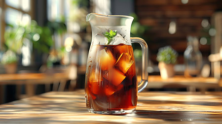Glass jug of black tea with ice cubes on wooden tableの素材