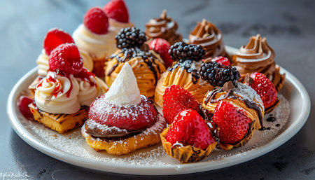 Cakes with berries on a white plateの素材