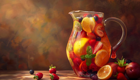 Sangria in a jug with berries and fruits on wooden tableの素材