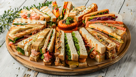Club sandwiches with ham, cheese and vegetables on a wooden backgroundの素材