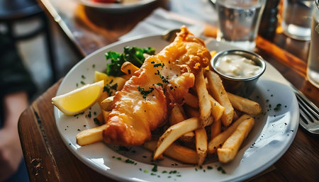 Fish and chips on a plate close upの素材