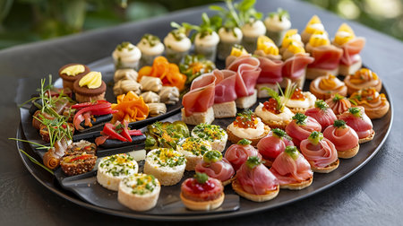 Set of canapes with meat, vegetables and cheese on the tableの素材