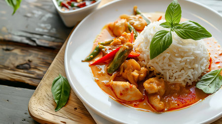 Chicken curry with rice on a black slateの素材